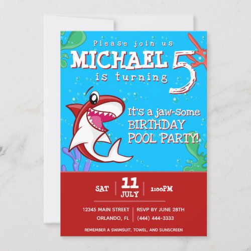 Shark Ocean Kids Red Any Age Birthday Invitation