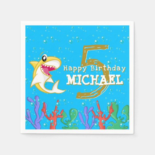 Shark Ocean Kids Yellow Any Age Birthday Napkins