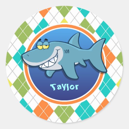 Shark on Colorful Argyle Pattern Classic Round Sticker
