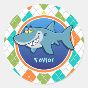 Shark on Colorful Argyle Pattern Classic Round Sticker