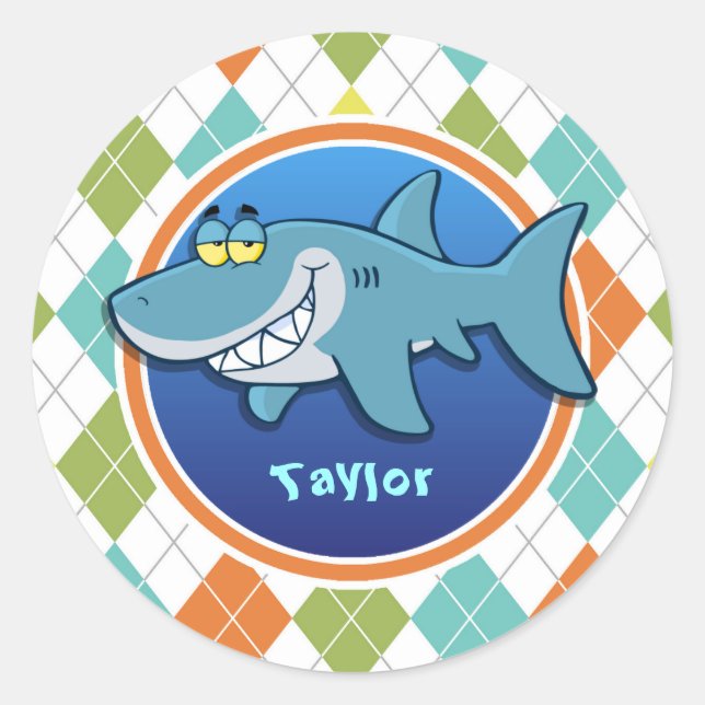 Shark on Colorful Argyle Pattern Classic Round Sticker (Front)