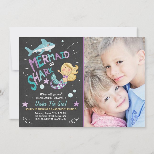 Shark or Mermaid birthday invitation Joint Bday (Front)