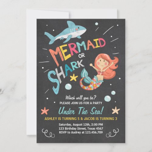 Shark or Mermaid birthday invitation Joint Bday