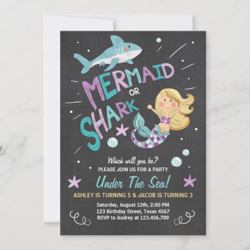 Shark or Mermaid birthday invitation Joint Bday