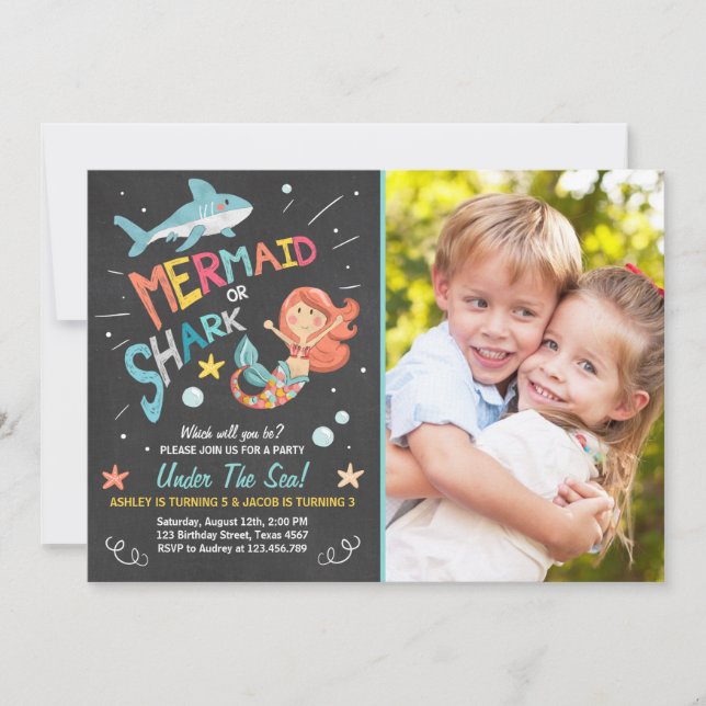Shark or Mermaid birthday Invitation Joint Bday (Front)
