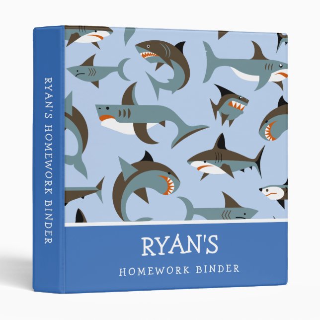 Shark Pattern Blue Name School 3 Ring Binder (Front/Spine)