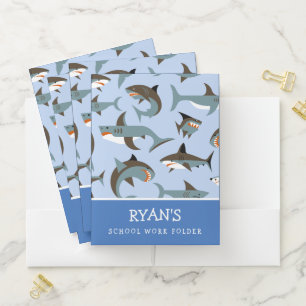 Shark Pattern Blue Name School Pocket Folder