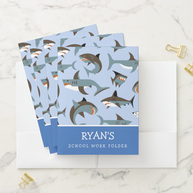 Shark Pattern Blue Name School Pocket Folder (In Situ)