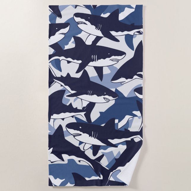 Shark Pattern – Blue Ocean Design Beach Towel (Front)