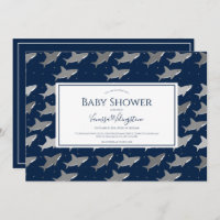 Shark Pattern Dark Blue Gray Baby Shower Invitation