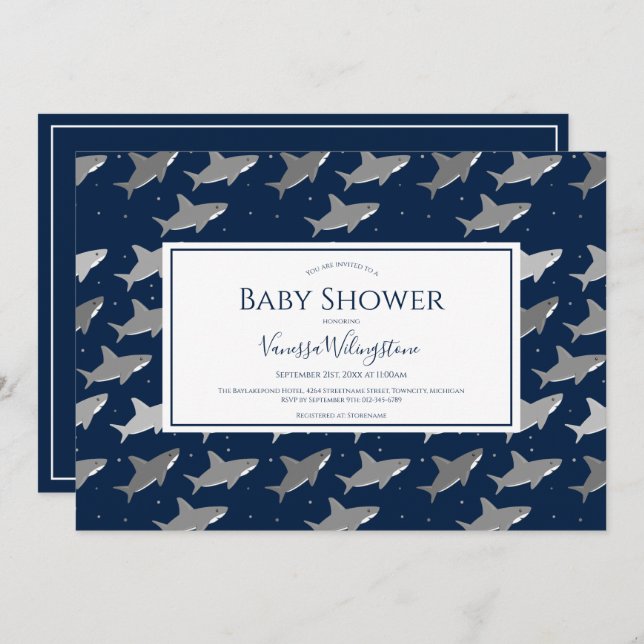 Shark Pattern Dark Blue Gray Baby Shower Invitation (Front/Back)