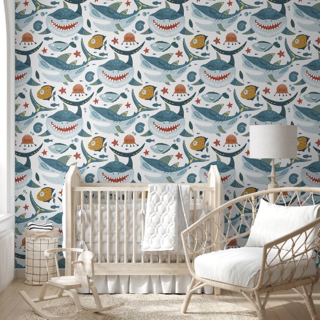 Shark pattern kids cool under the sea ocean wallpaper  (Kids)
