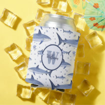 Shark Pattern 🦈 Name + Watercolor Monogram  Can Cooler