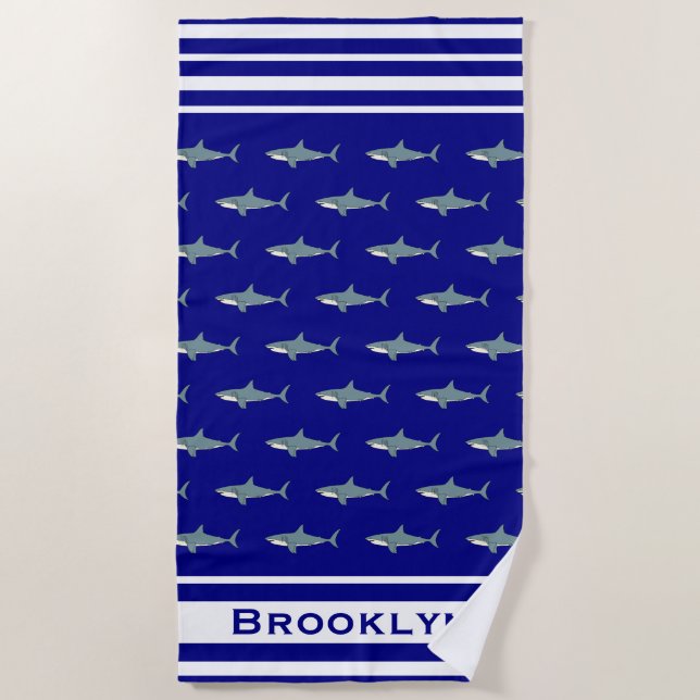 Shark Pattern Navy Blue And White Stripes Name Fun Beach Towel (Front)