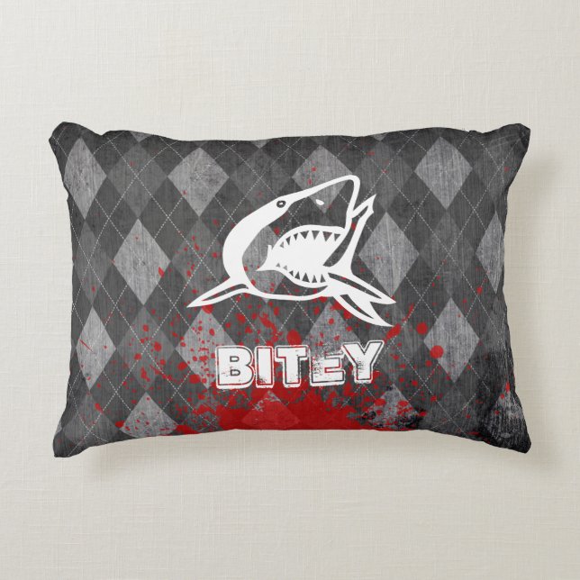 Shark Pictogram on Grungy Black Argyle Accent Pillow (Front)
