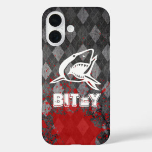 Shark Pictogram on Grungy Black Argyle iPhone 16 Case