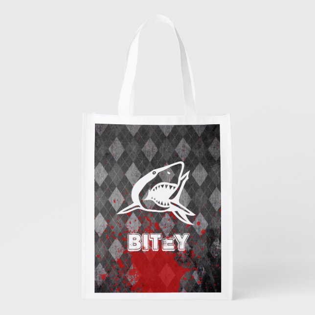 Shark Pictogram on Grungy Black Argyle Grocery Bag (Front)