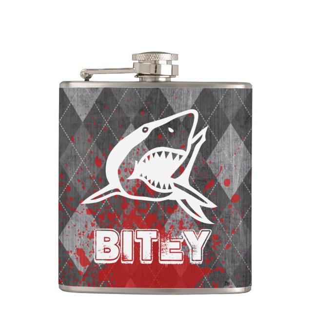 Shark Pictogram on Grungy Black Argyle Hip Flask (Front)