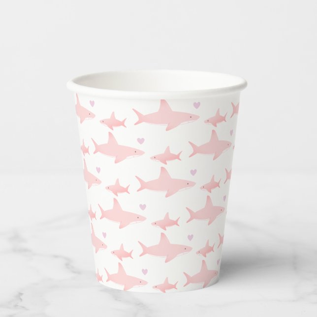 Shark Pink Heart Baby Shower Paper Cups (Front)