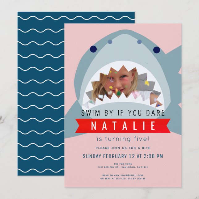 Shark Pink & Navy Blue Pool Girl Photo Birthday Invitation (Front/Back)