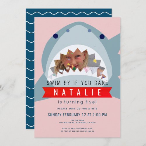 Shark Pink  Navy Blue Pool Girl Photo Birthday Invitation