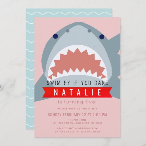 Shark Pink Pool Girl Birthday Invitation