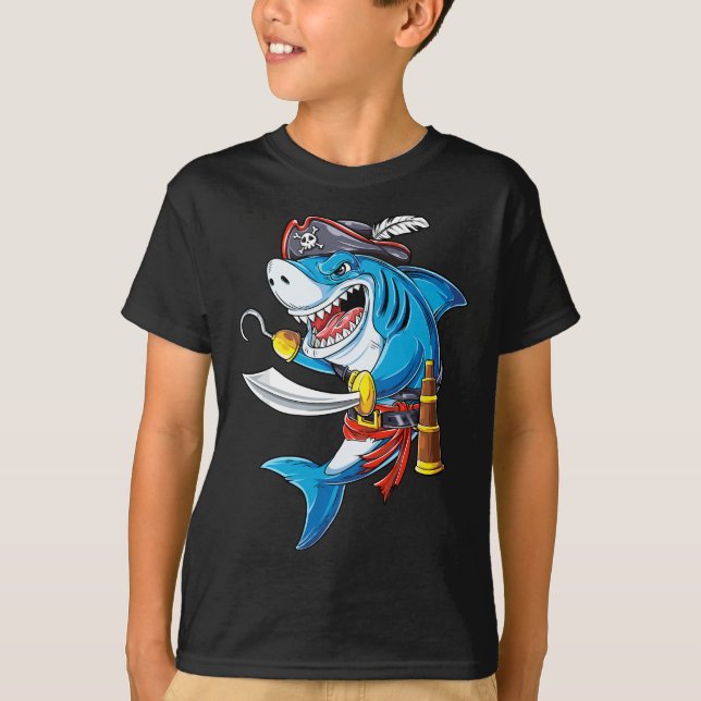 Shark Pirate Costume Jolly Roger Flag Jawsome Gift T-Shirt (Front)