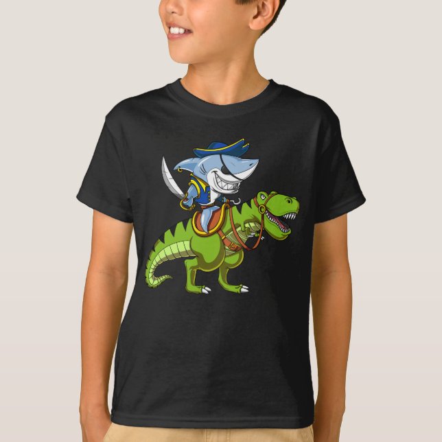 Shark Pirate Riding A T-Rex Dinosaur Fantasy T-Shirt (Front)