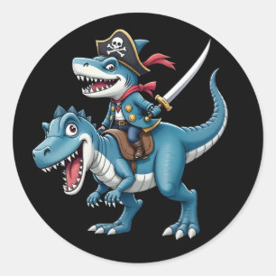 Shark Pirate Riding Dinosaur T Rex Kids Boys Men Classic Round Sticker