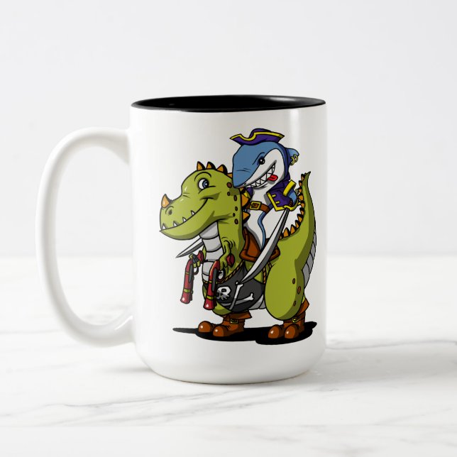 Shark Pirate Riding Funny T-Rex Dinosaur Two-Tone Coffee Mug (Left)