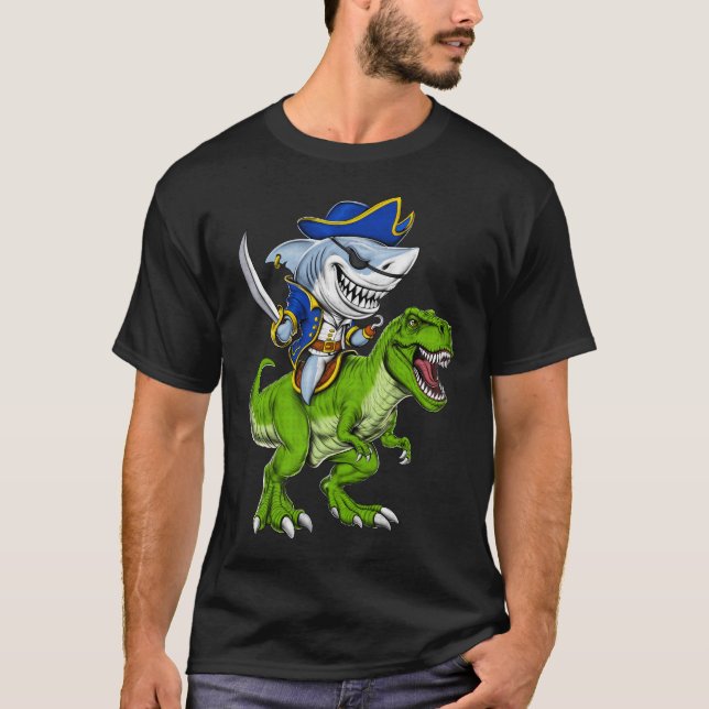Shark Pirate Riding T-Rex Dinosaur T-Shirt (Front)