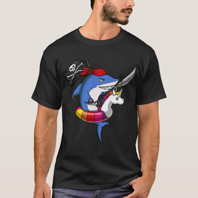 Shark Pirate Riding Unicorn Float T-Shirt (Front)
