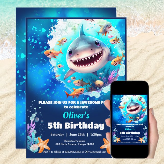 Shark Pool Birthday Party Boy custom age  Invitation (Shark Birthday Pool Party Boy custom age Invitation)