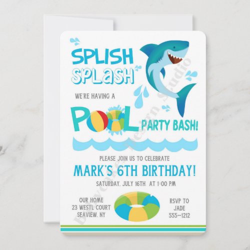 Shark Pool Party Birthday Invitation Invite