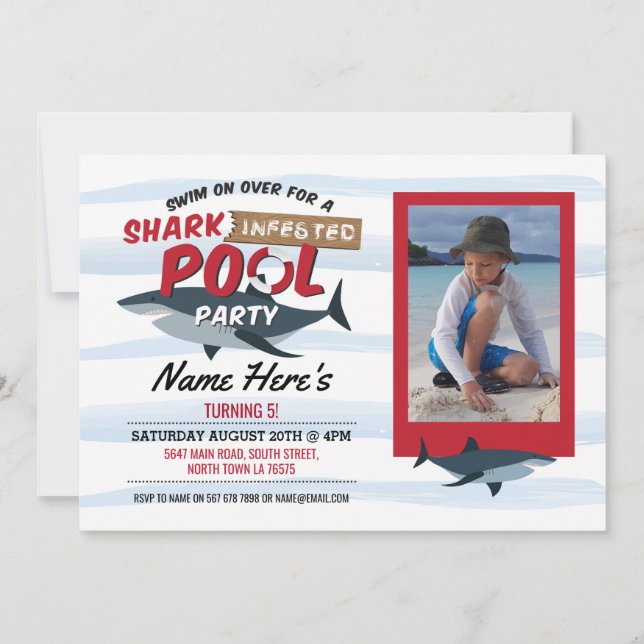 Shark Pool Party Fun Blue Photo Birthday Invite (Front)
