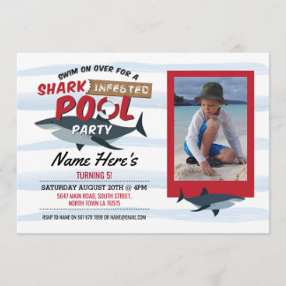 Shark Pool Party Fun Blue Photo Birthday Invite