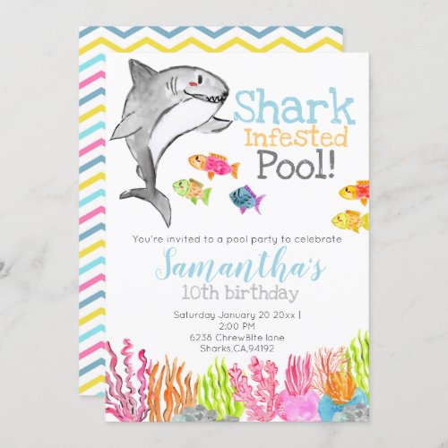 Shark pool party kid birthday invitation