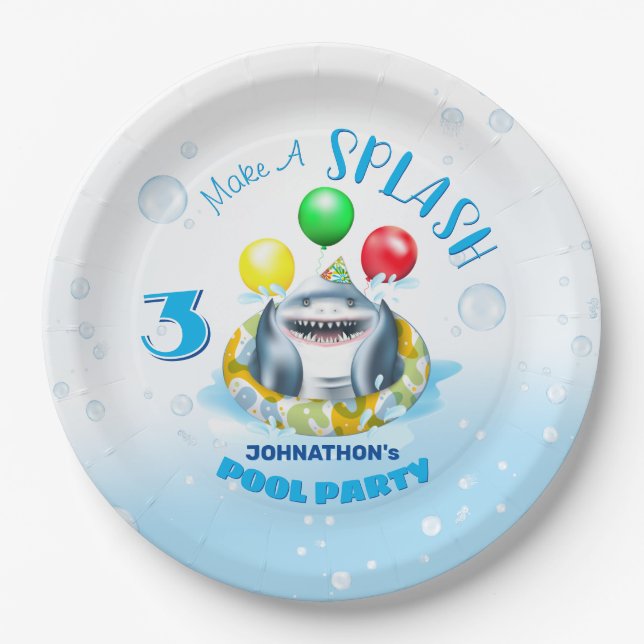 Shark Pool Party Kids Birthday Paper Plates (Front)