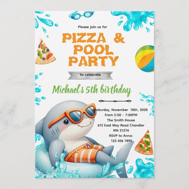 Shark Pool pizza Party Birthday Invite (Front)