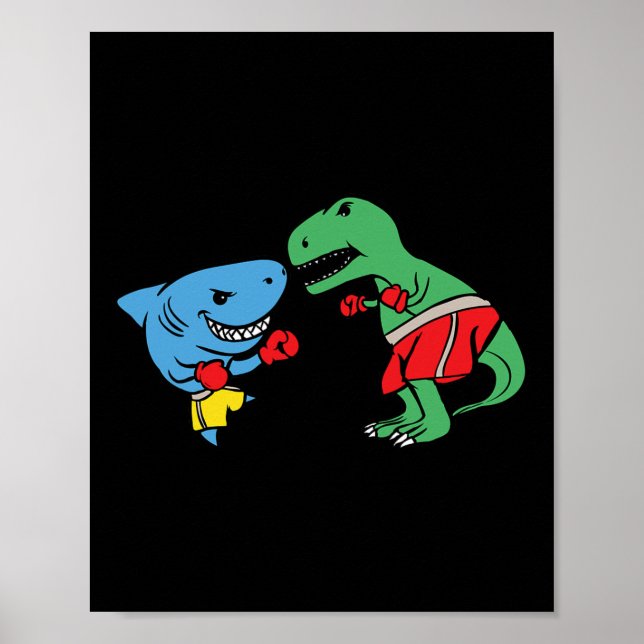 Shark Punching T-rex Dinosaur Funny Fighting Boxin Poster (Front)