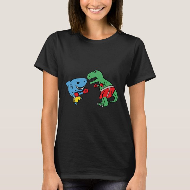 Shark Punching T-rex Dinosaur Funny Fighting Boxin T-Shirt (Front)