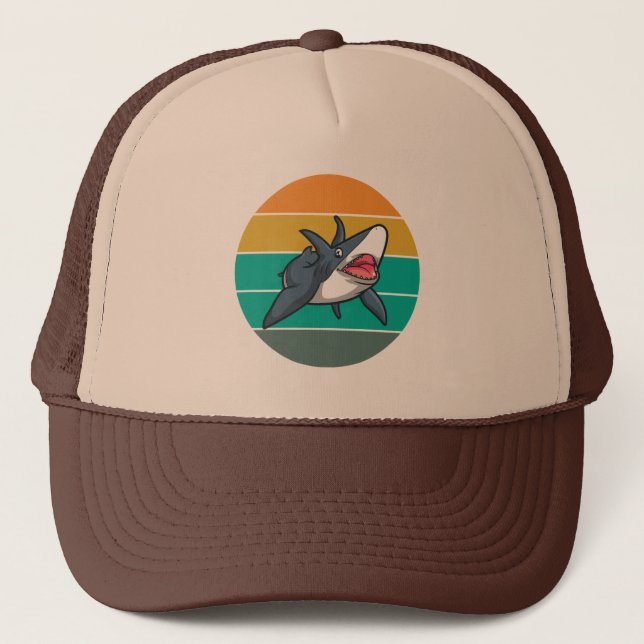 Shark Retro Sunset Summer Fishing Trucker Hat (Front)