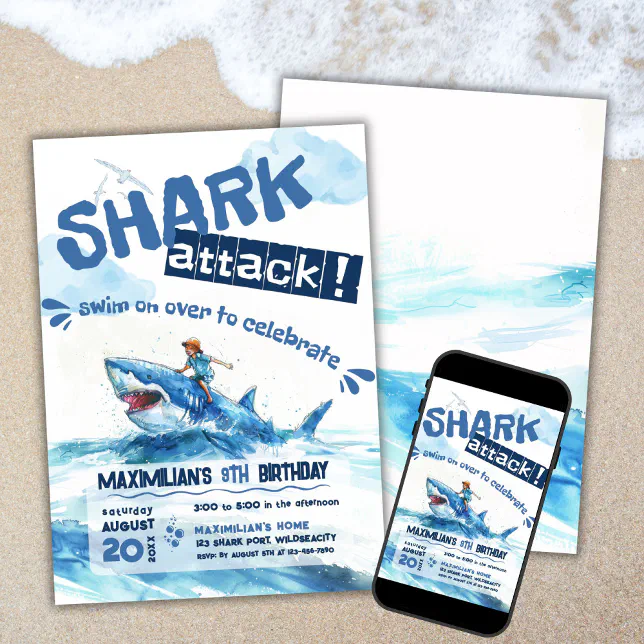 Shark Ride Summer Party Birthday Invitation | Zazzle