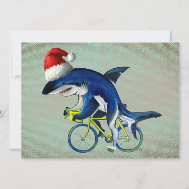 Shark Riding a Bicycle With Santa Hat Holiday Card (Front)