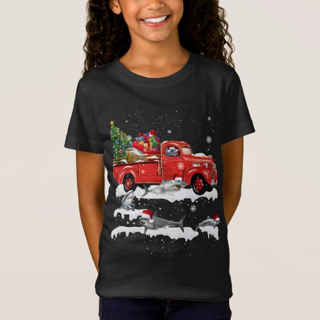 Shark Riding Red Truck Merry Christmas X-mas Ugly  T-Shirt (Front)