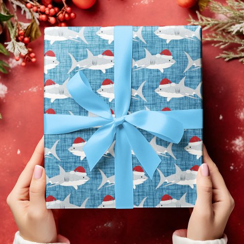 Shark Santa Blue Fabric Look Background Wrapping Paper