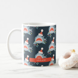 Shark Santa Christmas Holiday Lights Navy Blue Coffee Mug