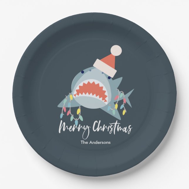 Shark Santa Claus Blue Christmas Holiday  Paper Plates (Front)