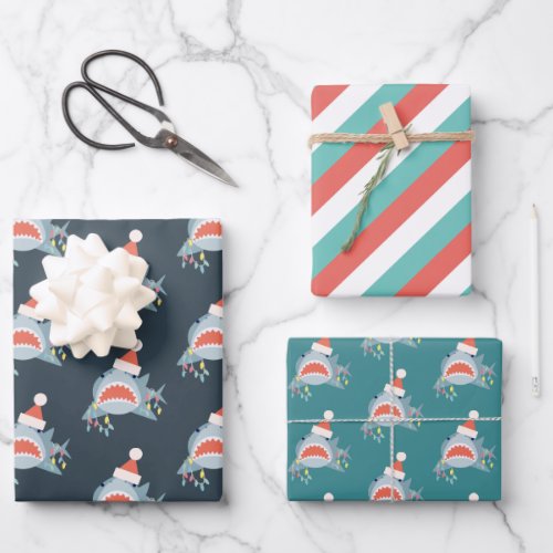 Shark Santa Claus Blue Christmas Holiday Wrapping Paper Sheets