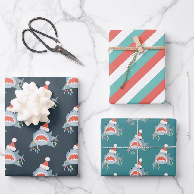 Shark Santa Claus Blue Christmas Holiday Wrapping Paper Sheets (Front)